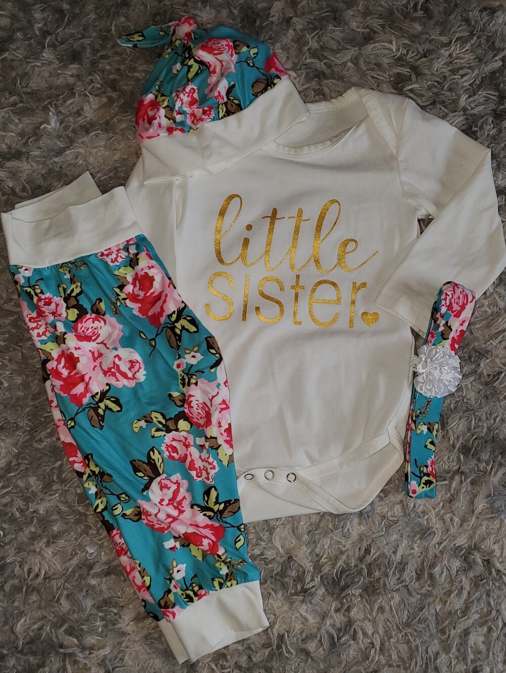 24 Month Little Sister Gold Script Bodysuit with Floral Turquoise Pants Set